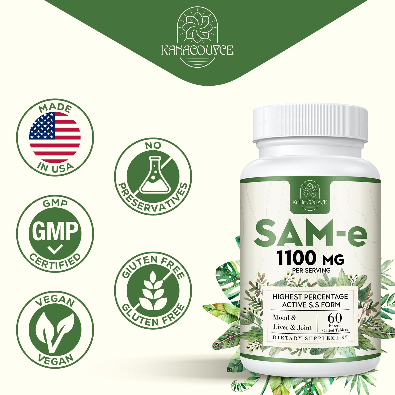 Kanacoufce SAM-e 1100mg vegan gluten-free label highlighting purity.