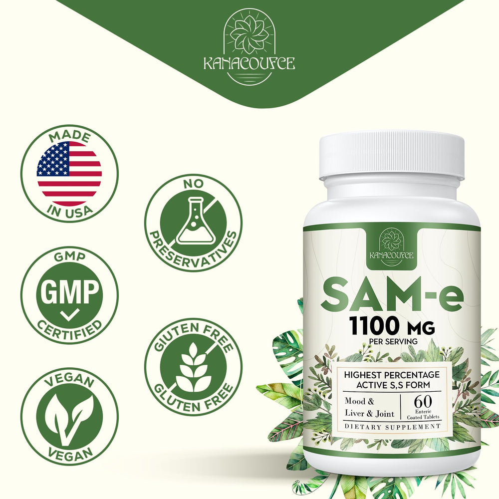 Kanacoufce SAM-e 1100mg vegan gluten-free label highlighting purity.