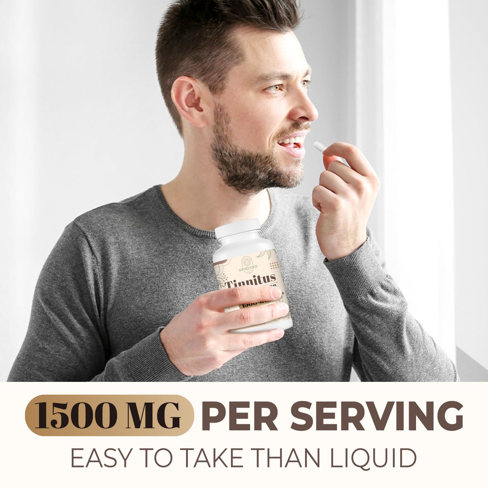 Kanacoufce tinnitus bottle displays 1500mg dosage information.