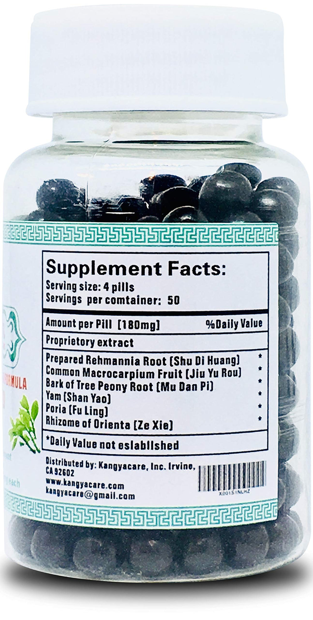 Kangyacare Liu Wei Di Huang Wan bottle label emphasizing 200 pills and safety.