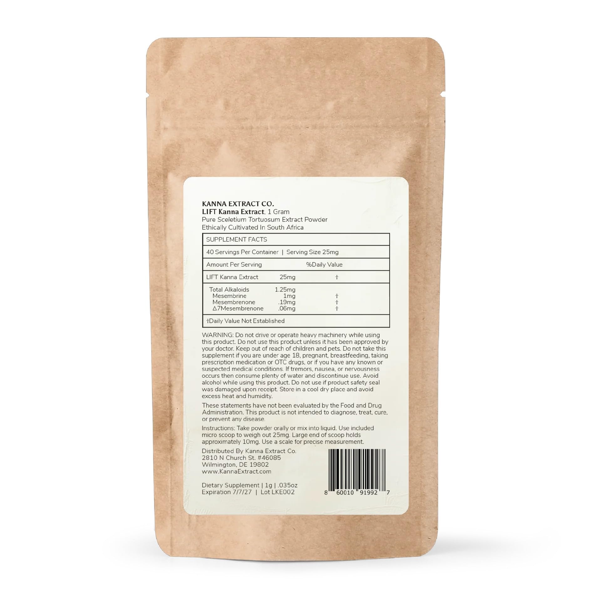 Kanna Lift lab-tested label assures purity and ethical sourcing.