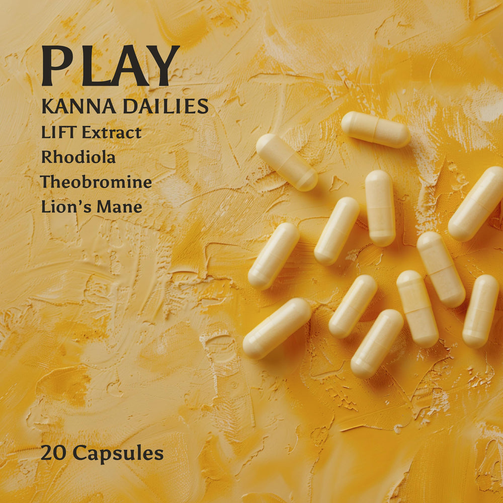 Kanna Extract Co. Play Kanna Dailies capsules closeup showing 25 mg per capsule and lab-tested purity