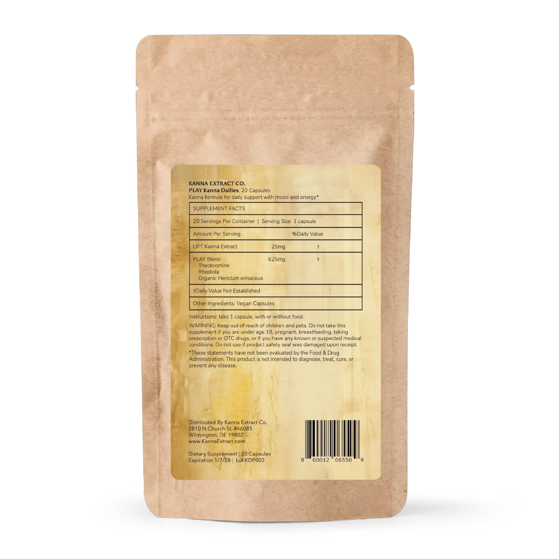 Kanna Extract Co. Play Kanna Dailies packaging front emphasizing sustainably sourced ingredients and versatile use