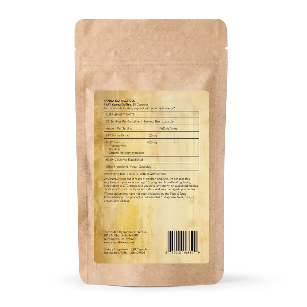 Kanna Extract Co. Play Kanna Dailies packaging front emphasizing sustainably sourced ingredients and versatile use