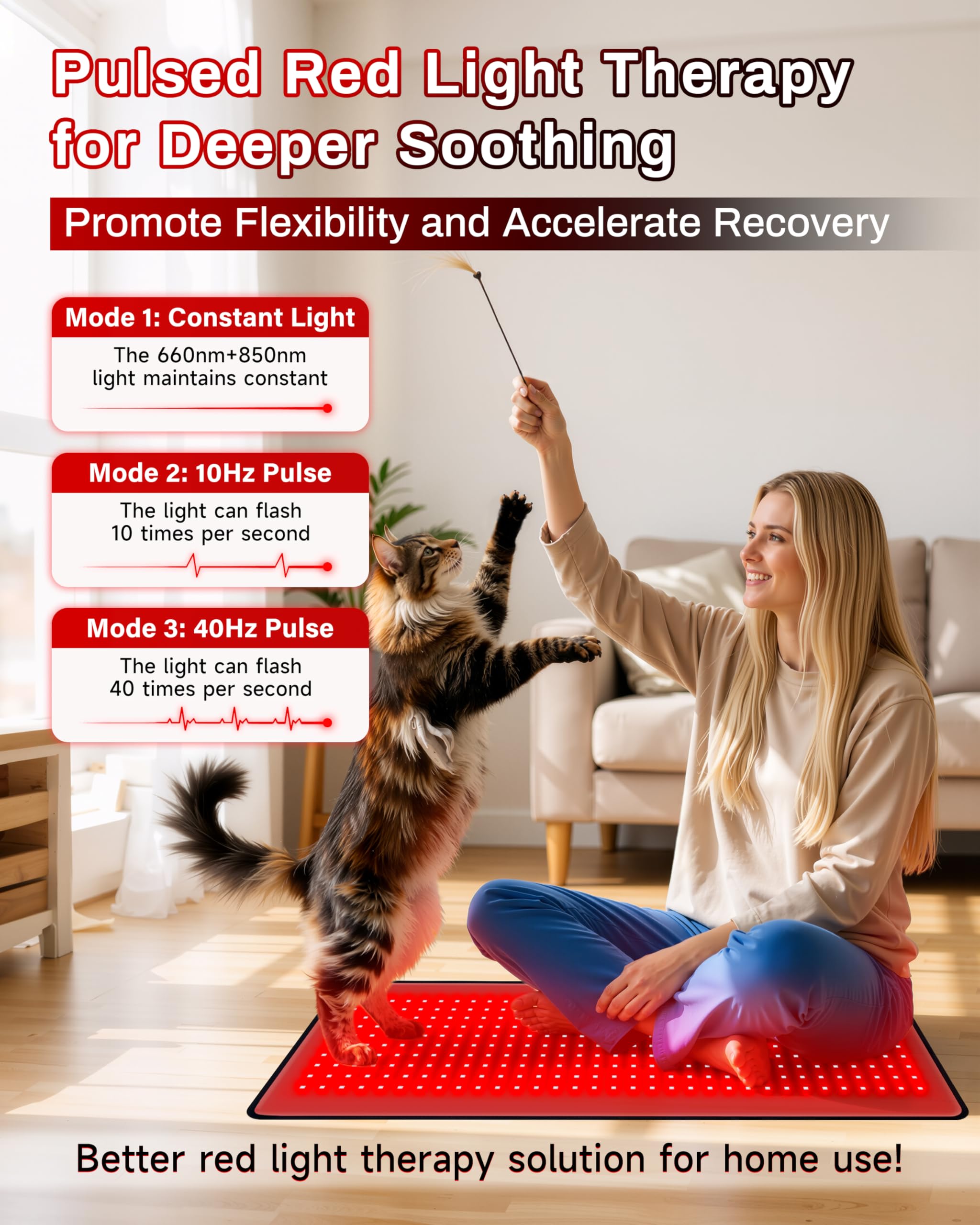 Kaoudt red light therapy mat placed on back and shoulders for household use.