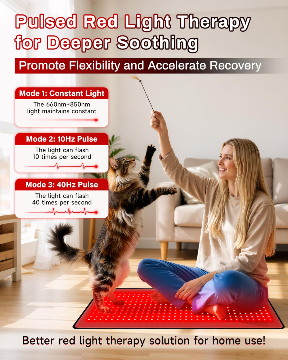 Kaoudt red light therapy mat placed on back and shoulders for household use.