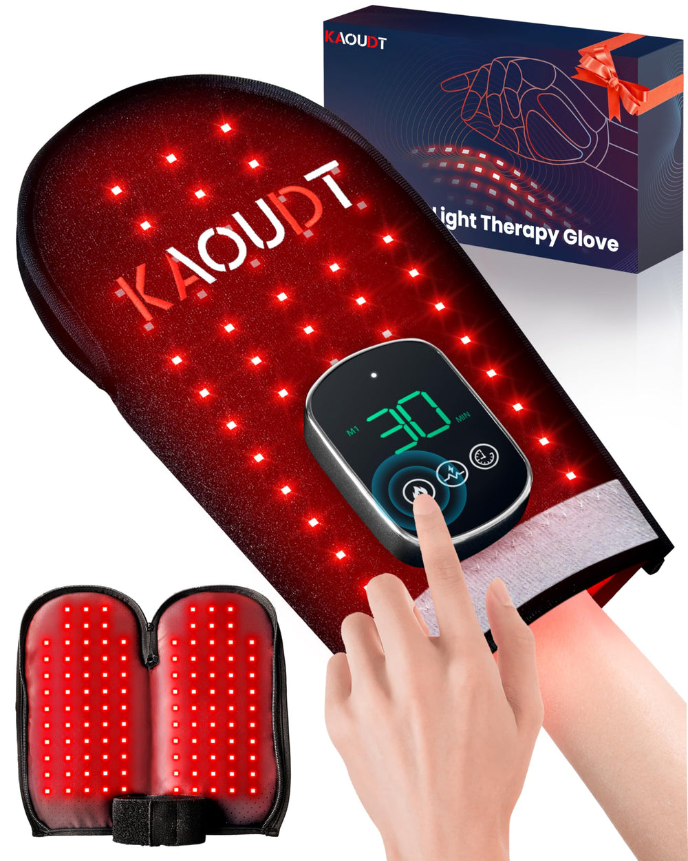 Kaoudt cordless red light glove on hand offering portable full-hand therapy
