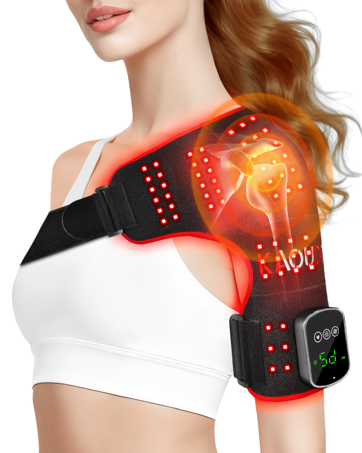 Kaoudt cordless shoulder wrap in use for targeted warmth and relaxation