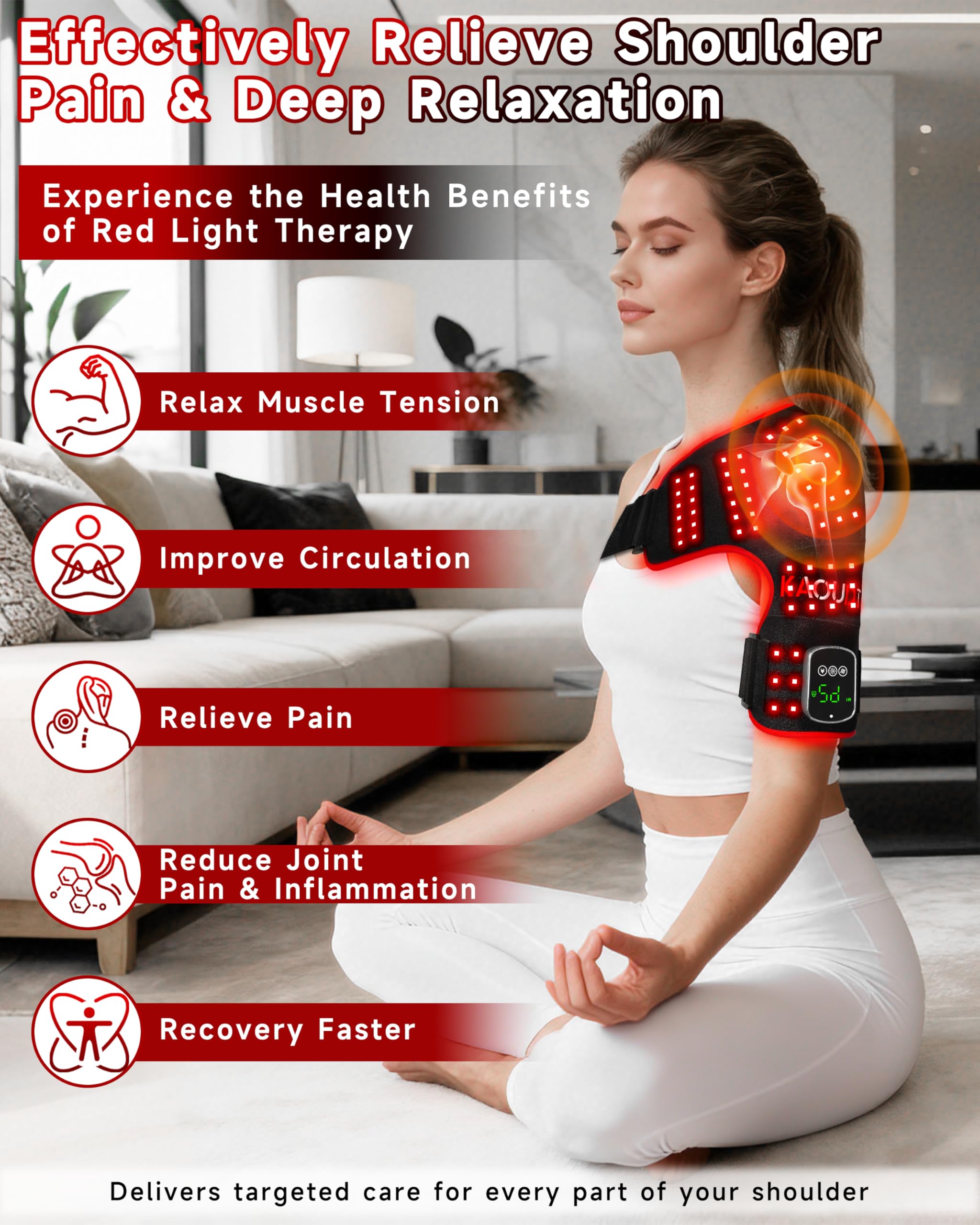 Kaoudt shoulder wrap showing vibration and heat controls for personalized comfort