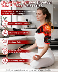 Kaoudt shoulder wrap showing vibration and heat controls for personalized comfort