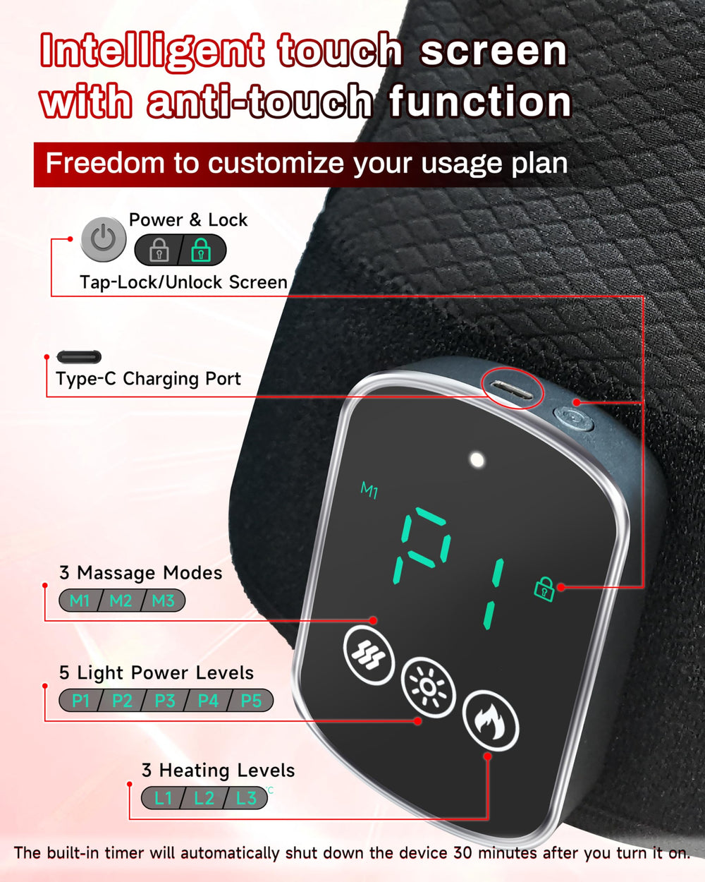 Three heat settings to adjust warmth during use with Kaoudt massager