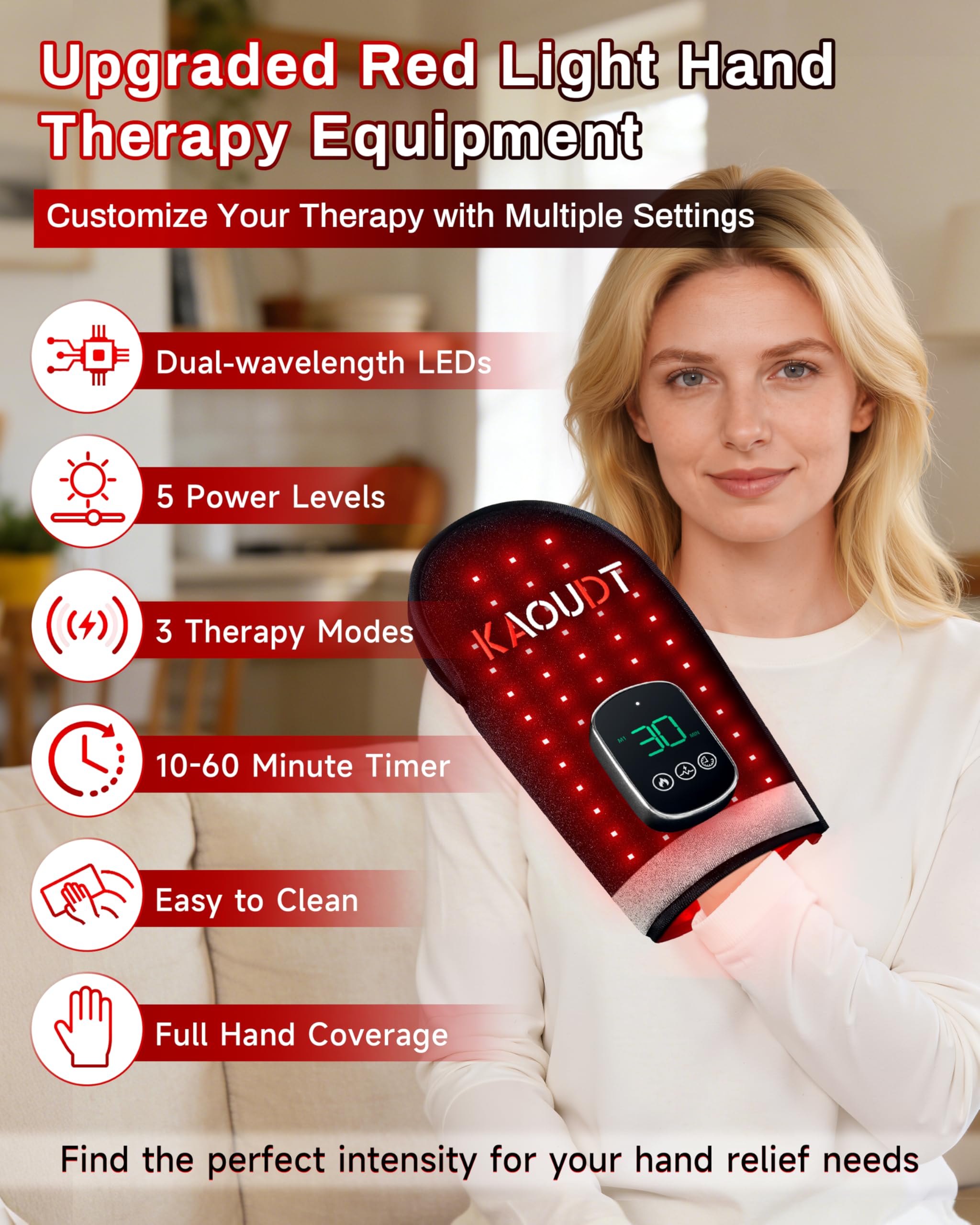 Close-up of 112 LEDs in Kaoudt glove for comprehensive hand treatment