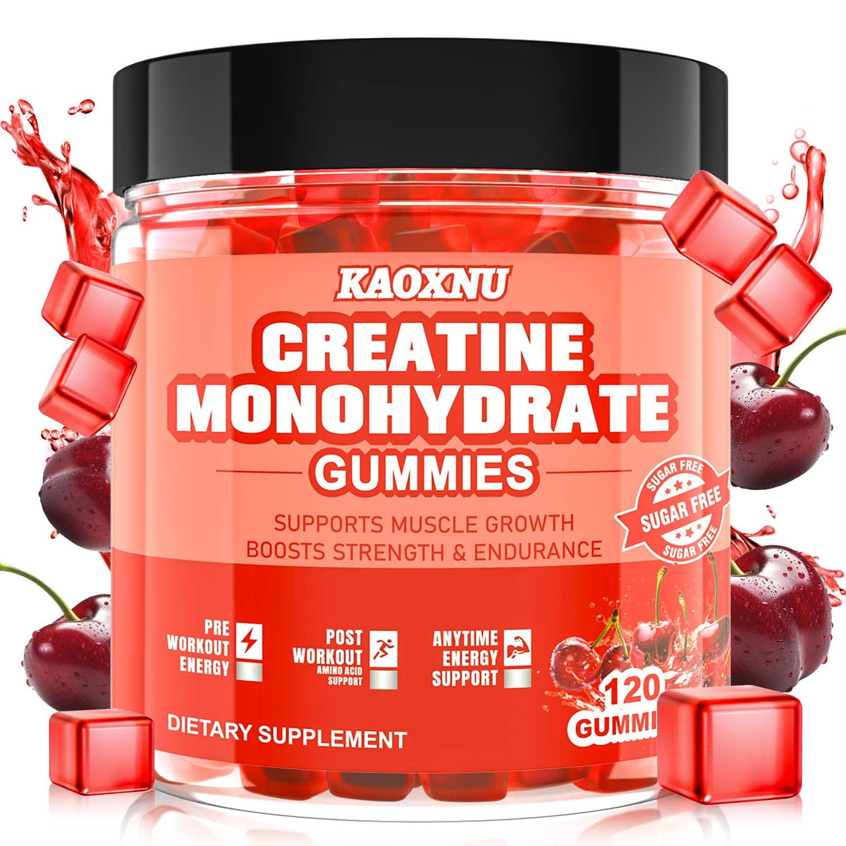 KAOXNU Creatine Gummies bottle front shows 5600mg per serving for enhanced workout endurance.