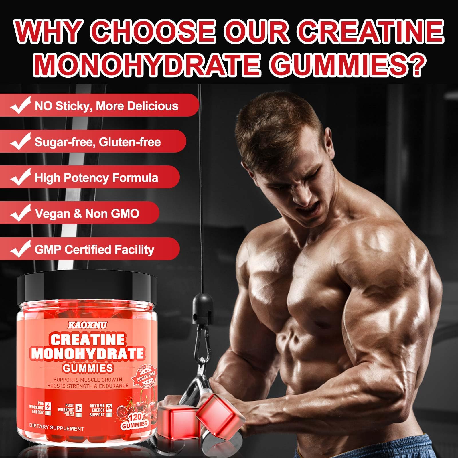KAOXNU Creatine Gummies label GMP-factory emphasizes quality in a certified production environment.