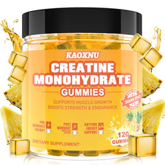 KAOXNU creatine monohydrate gummies in a jar for convenient daily muscle support and energy.