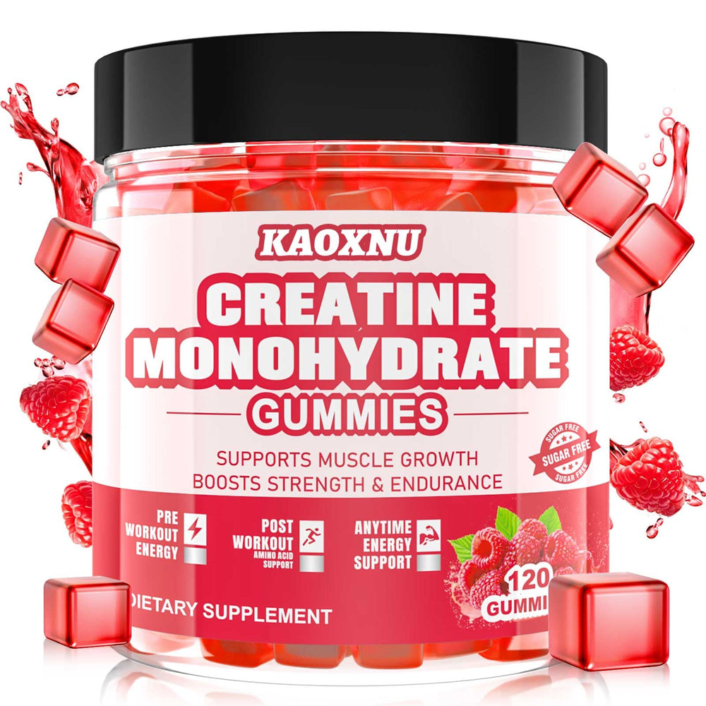 KAOXNU Creatine Monohydrate Gummies bottle front with raspberry flavor for daily energy support.