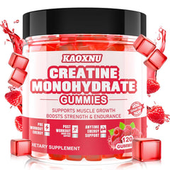 KAOXNU Creatine Monohydrate Gummies bottle front with raspberry flavor for daily energy support.