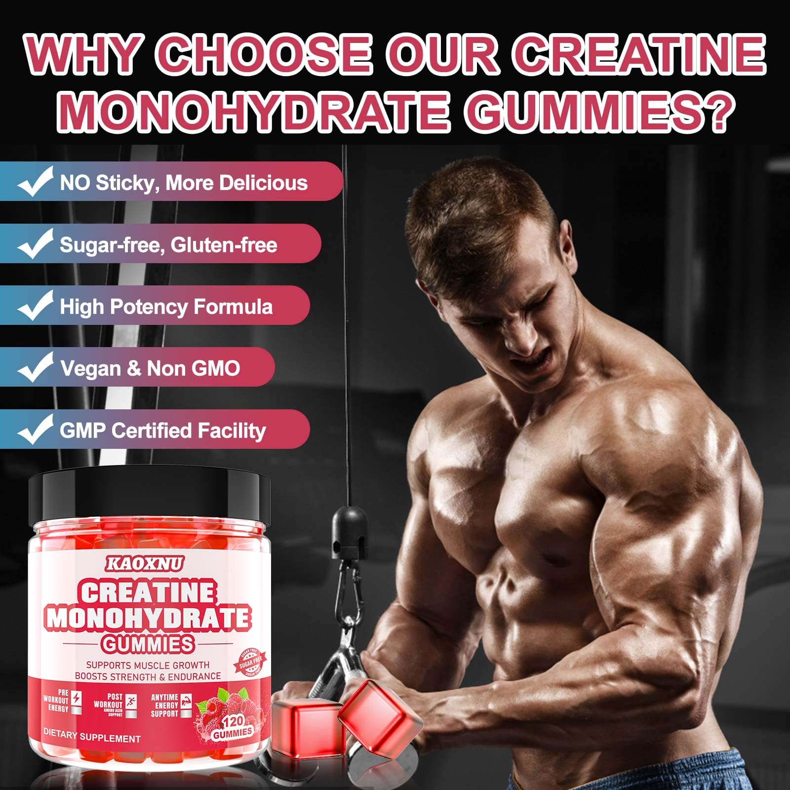 KAOXNU creatine gummies vegan sugar-free option for athletes.