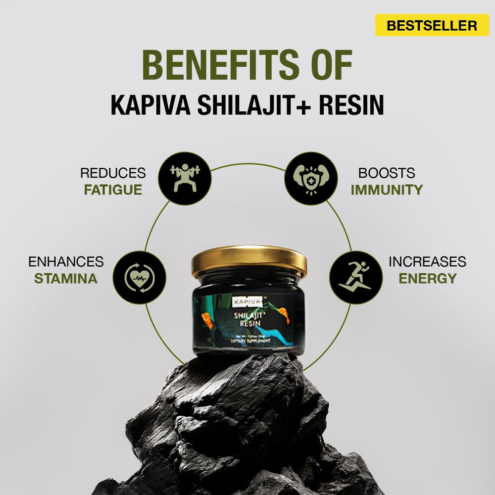 Kapiva Shilajit Resin Plus turmeric and ashwagandha highlights wellness ingredients