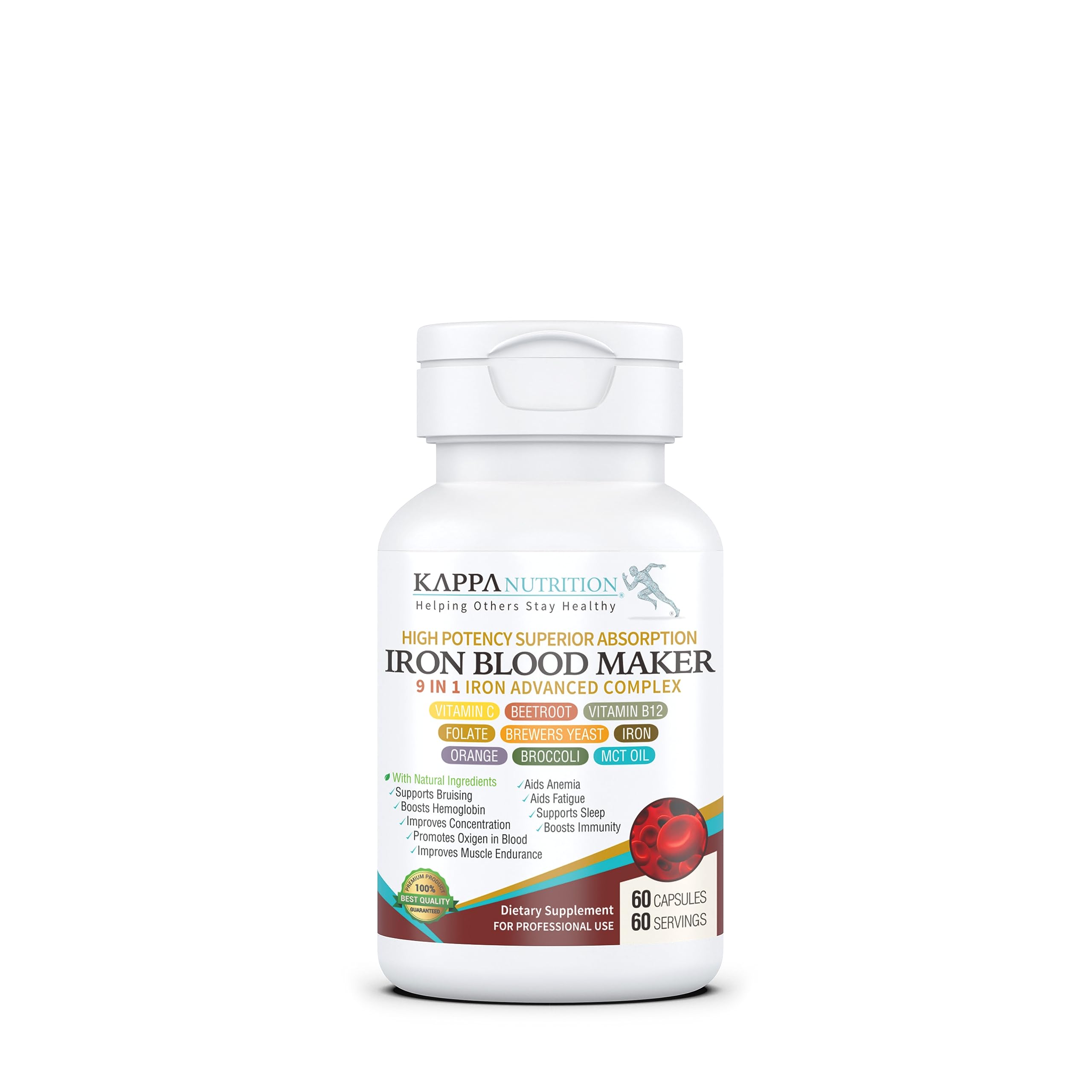 Kappa Nutrition Iron Blood Maker 9in1 bottle shows the comprehensive formula for iron support.