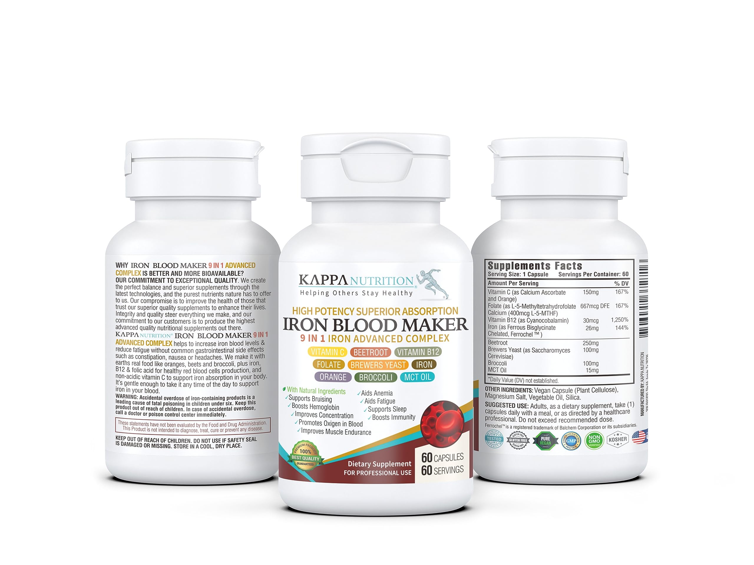 Closeup of Kappa Nutrition Iron Blood Maker capsules for easy daily intake.