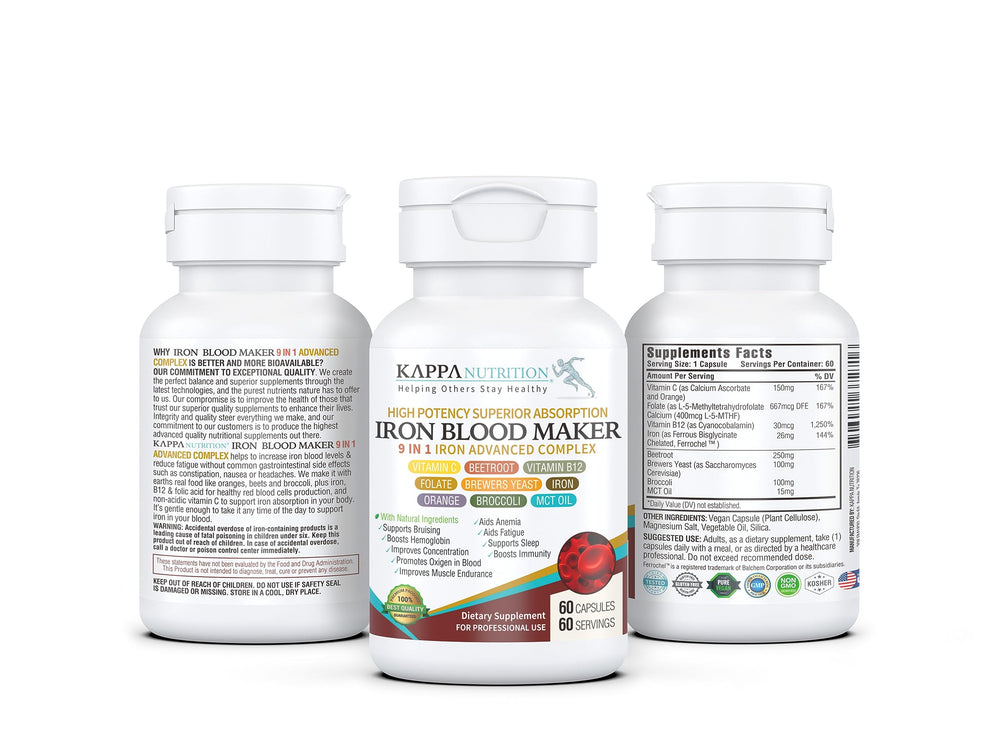 Closeup of Kappa Nutrition Iron Blood Maker capsules for easy daily intake.
