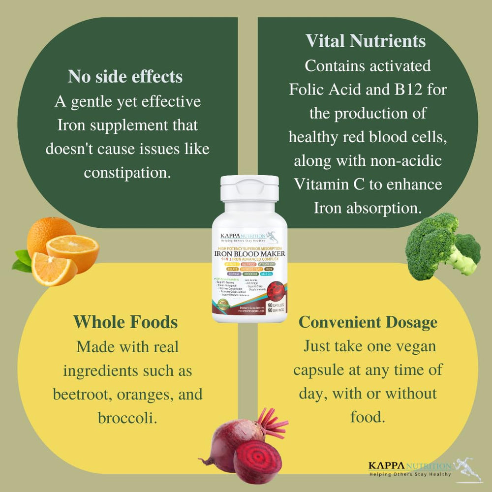 US-made label on Kappa Nutrition Iron Blood Maker packaging highlighting quality and safety.