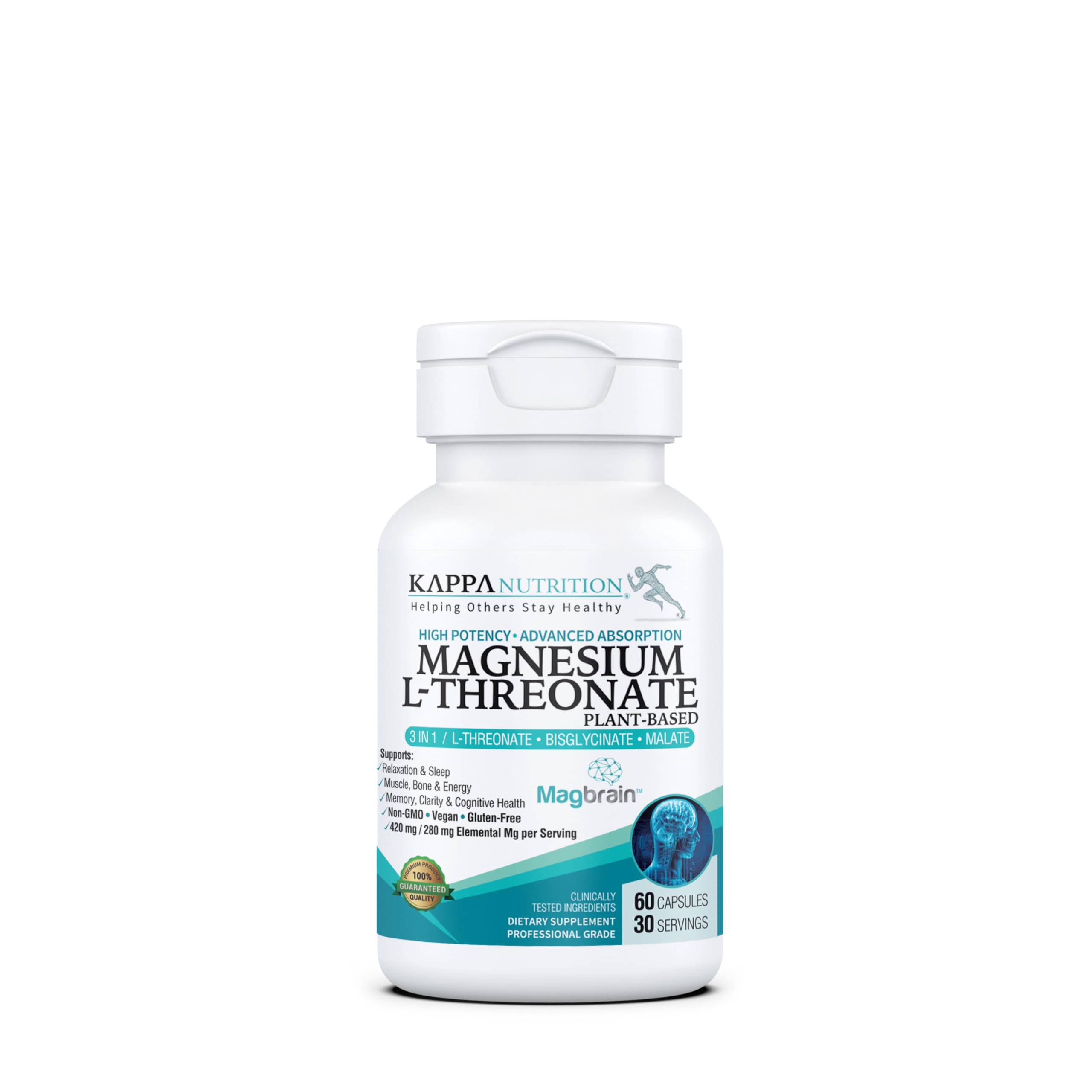 Kappa Nutrition MagBrain bottle and label highlighting brain support with plant-based magnesium.
