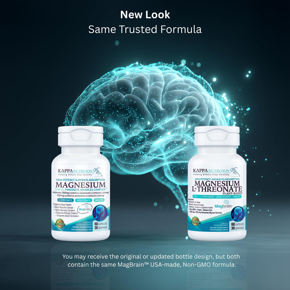 Kappa Nutrition MagBrain capsules close-up emphasizing magnesium per serving.