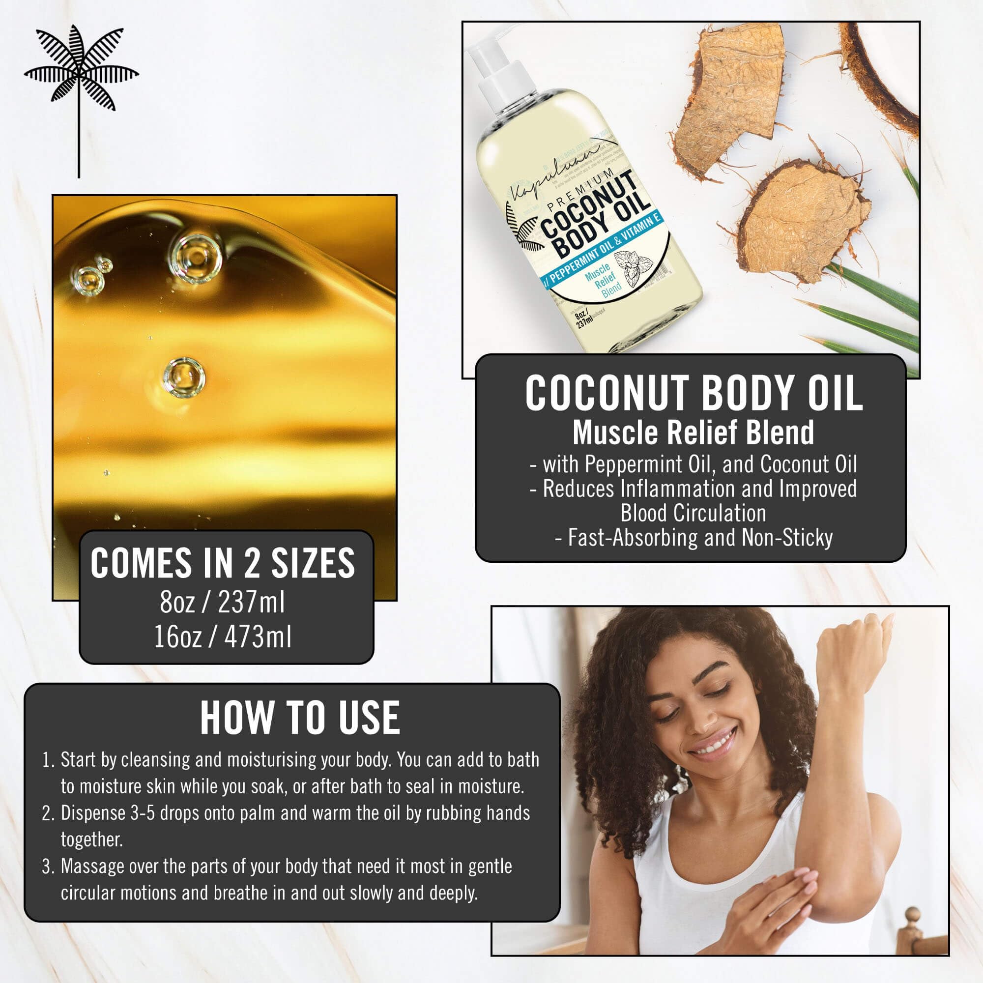 Kapuluan Massage Body Oil demonstrates a smooth, lightweight glide across the skin.