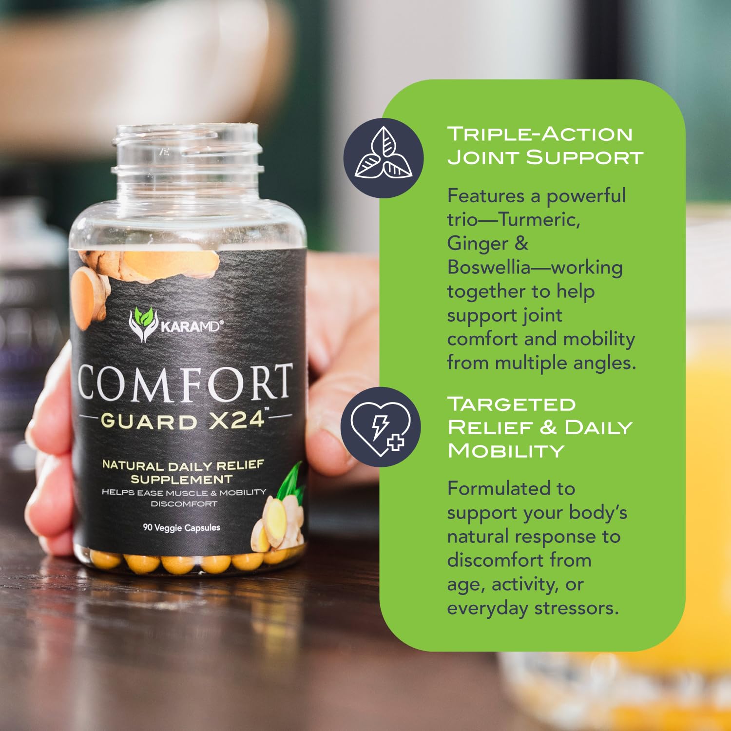 KaraMD Comfort Guard X24 ingredients scatter featuring turmeric, boswellia, and ginger.