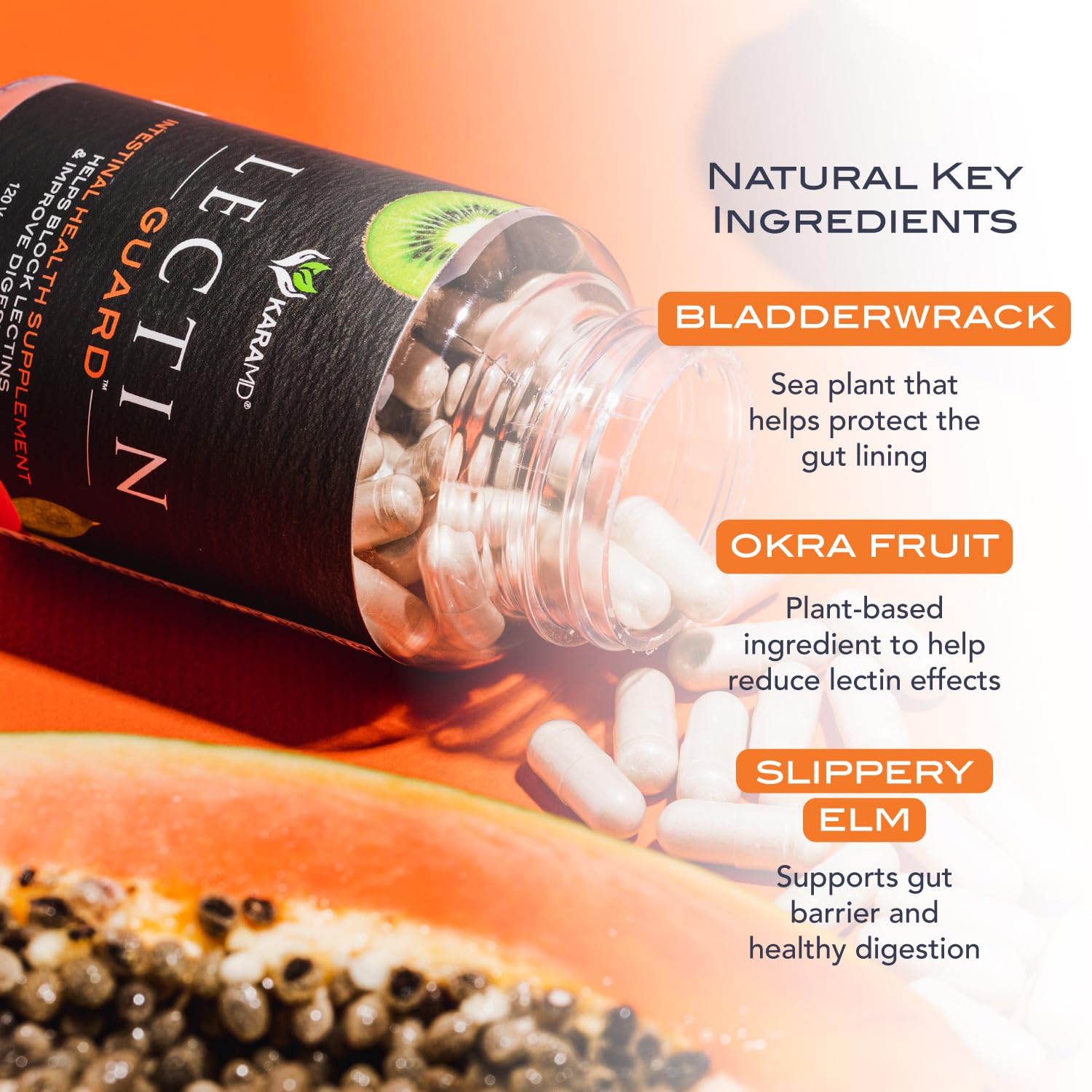 KaraMD Lectin Guard capsules close-up demonstrates easy-to-swallow daily supplement.