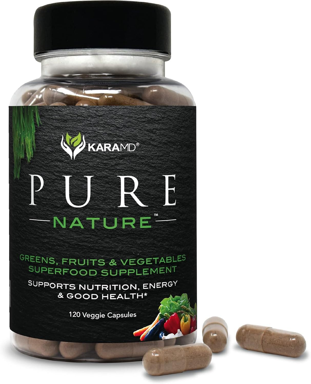 KaraMD Pure Nature bottle front featuring greens powder for daily energy