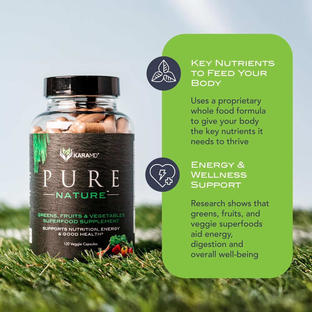 KaraMD Pure Nature label close-up showing non-GMO, gluten-free vegan ingredients