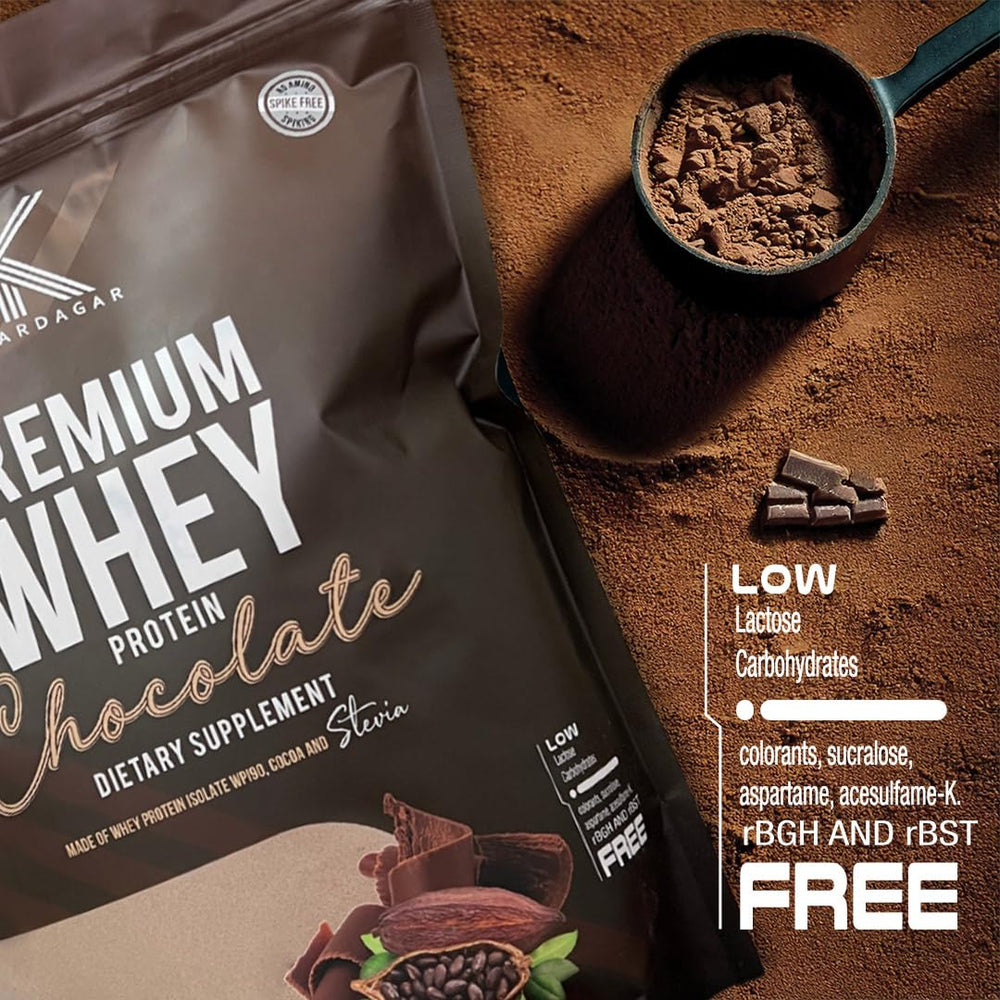 KARDAGAR Premium Whey Protein Chocolate label emphasizes ingredients and protein per serving