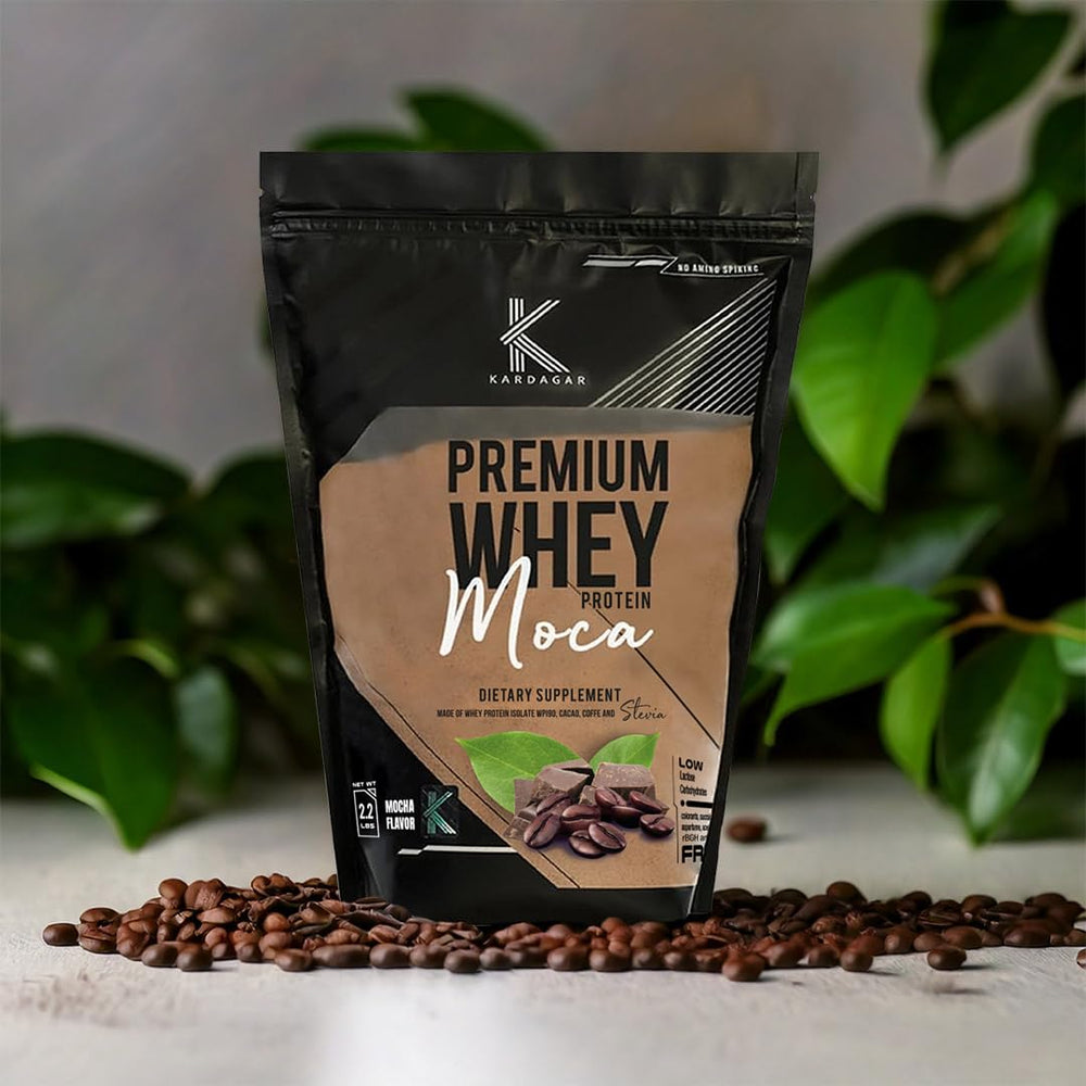 KARDAGAR Premium Whey Mocha nutrition panel shows low sugar and high protein