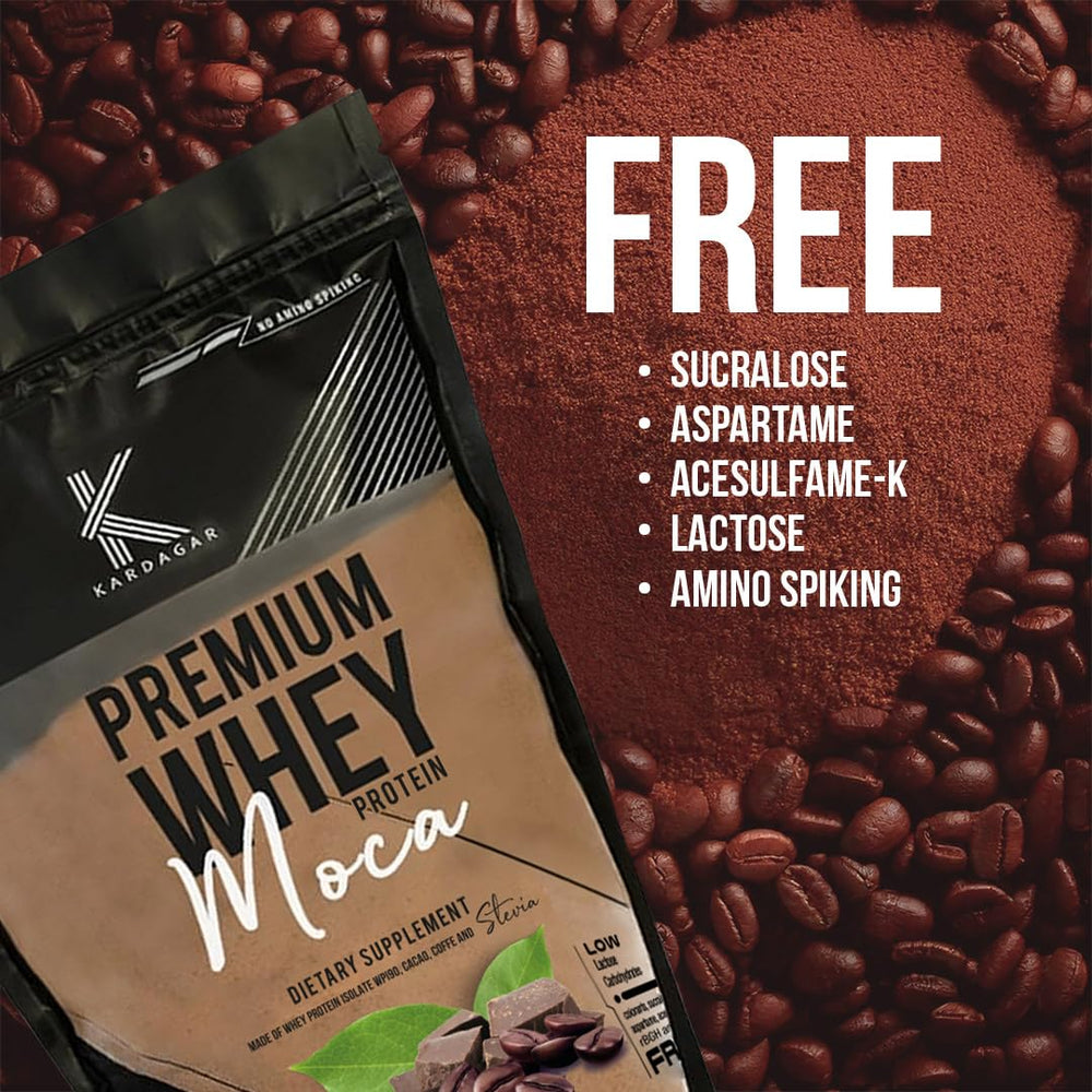 KARDAGAR Premium Whey Protein Mocha powder jar highlights protein-rich serving