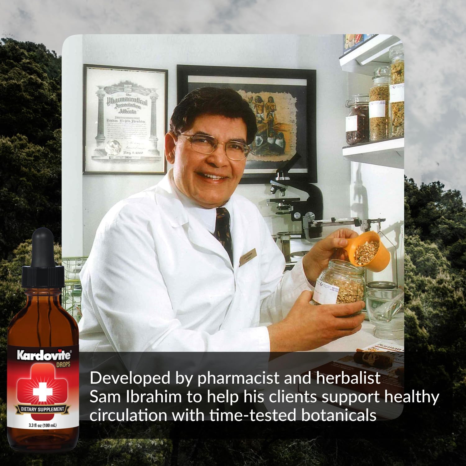 Kardovite Herbal Circulation Drops ingredients panel featuring hawthorn, cayenne, bilberry and more