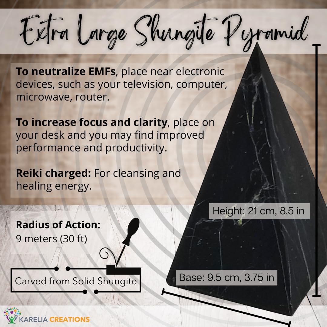 Karelia Creations Shungite XL Pyramid side view on a shelf