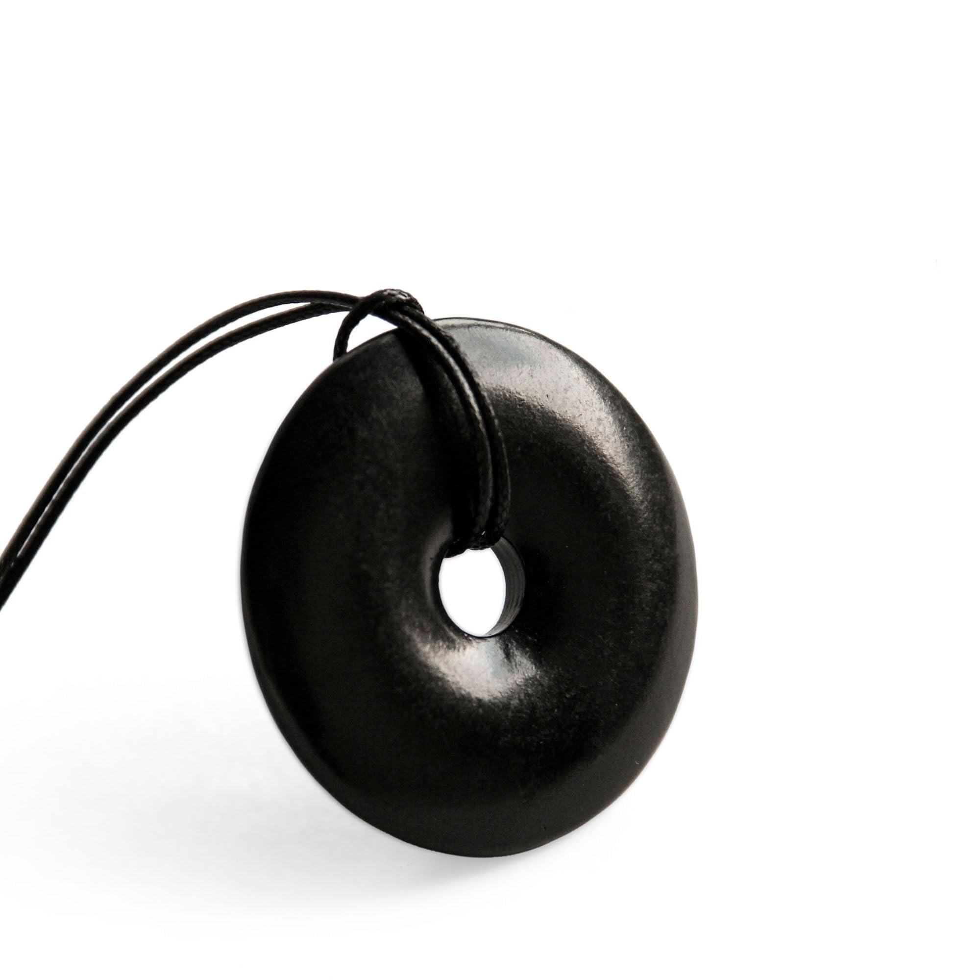 Karelian Heritage shungite protection necklace, front view of doughnut pendant for daily grounding
