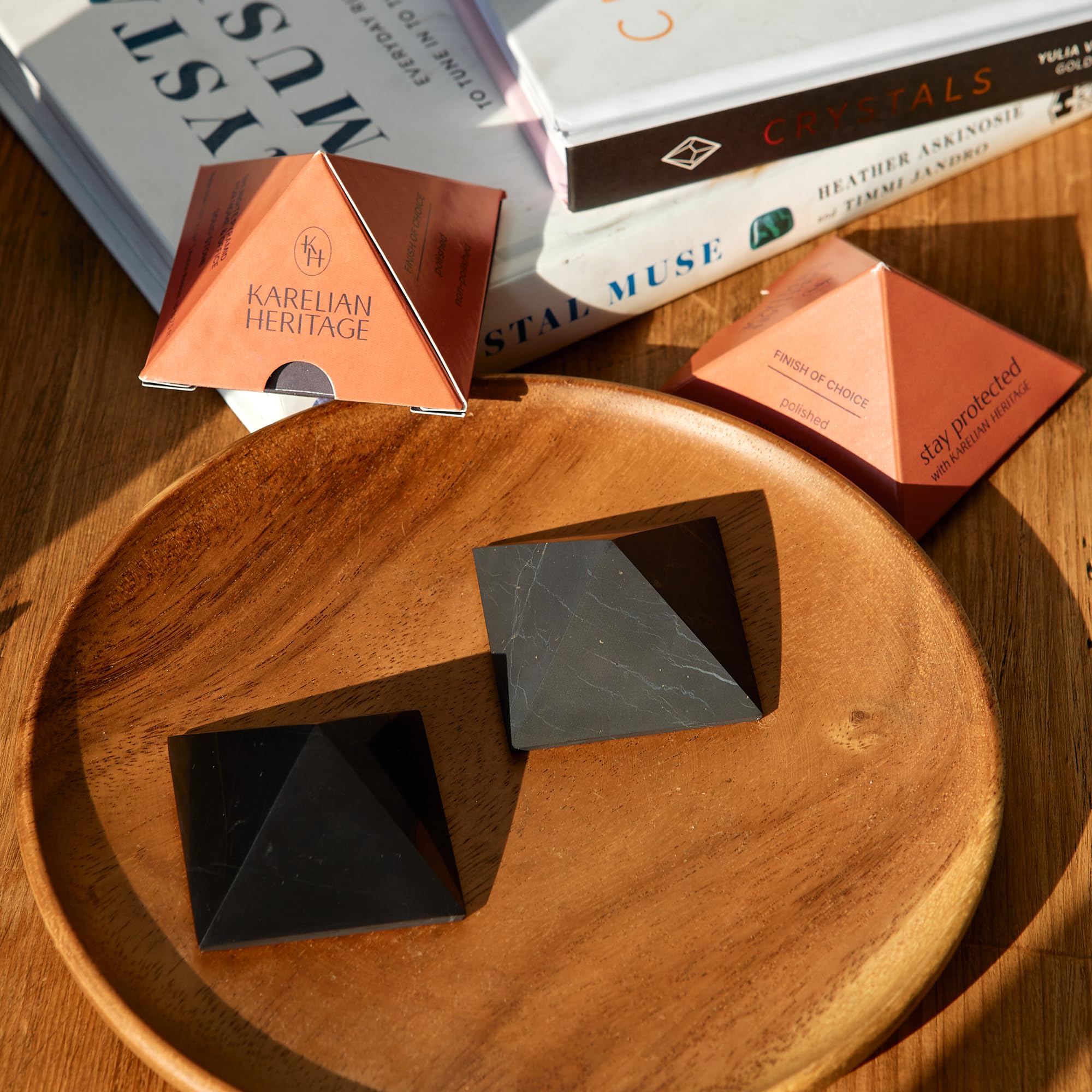 Karelian Heritage close-up of shungite pyramids showing natural texture and color