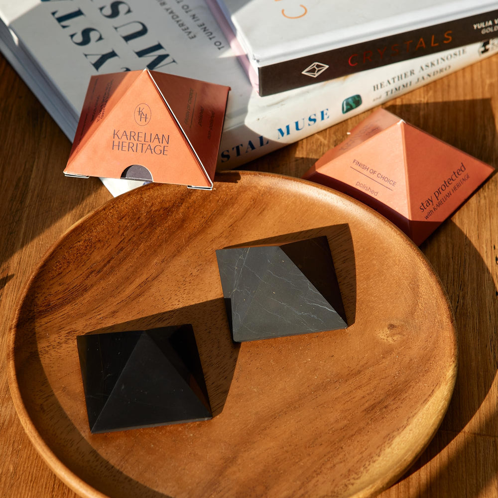 Karelian Heritage close-up of shungite pyramids showing natural texture and color