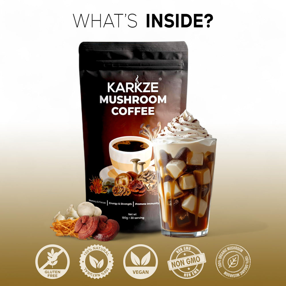 KARKZE Arabica mushroom coffee brew scene showing rich flavor and smooth texture