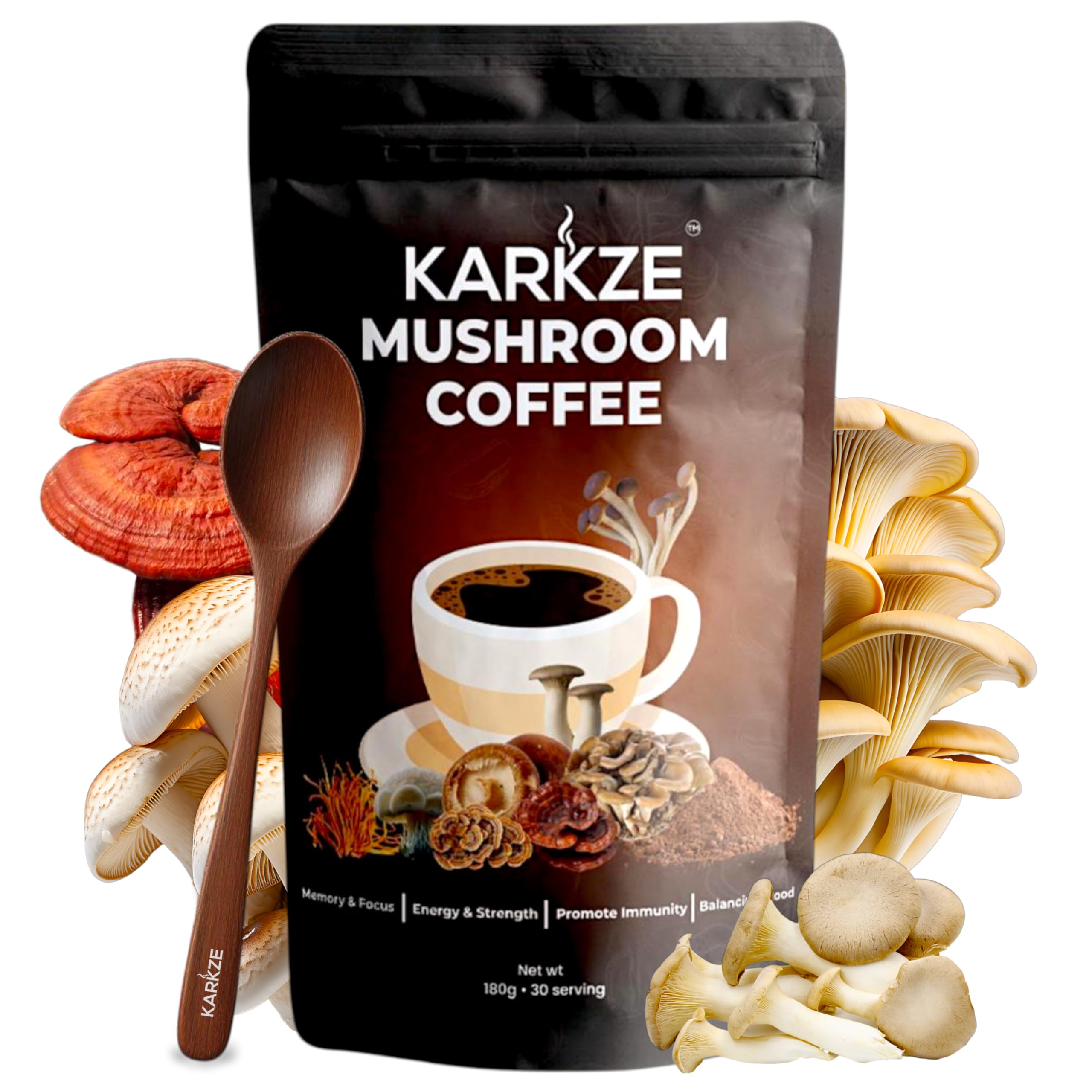 KARKZE Instant Mushroom Coffee served hot in a mug for smooth focus and energy