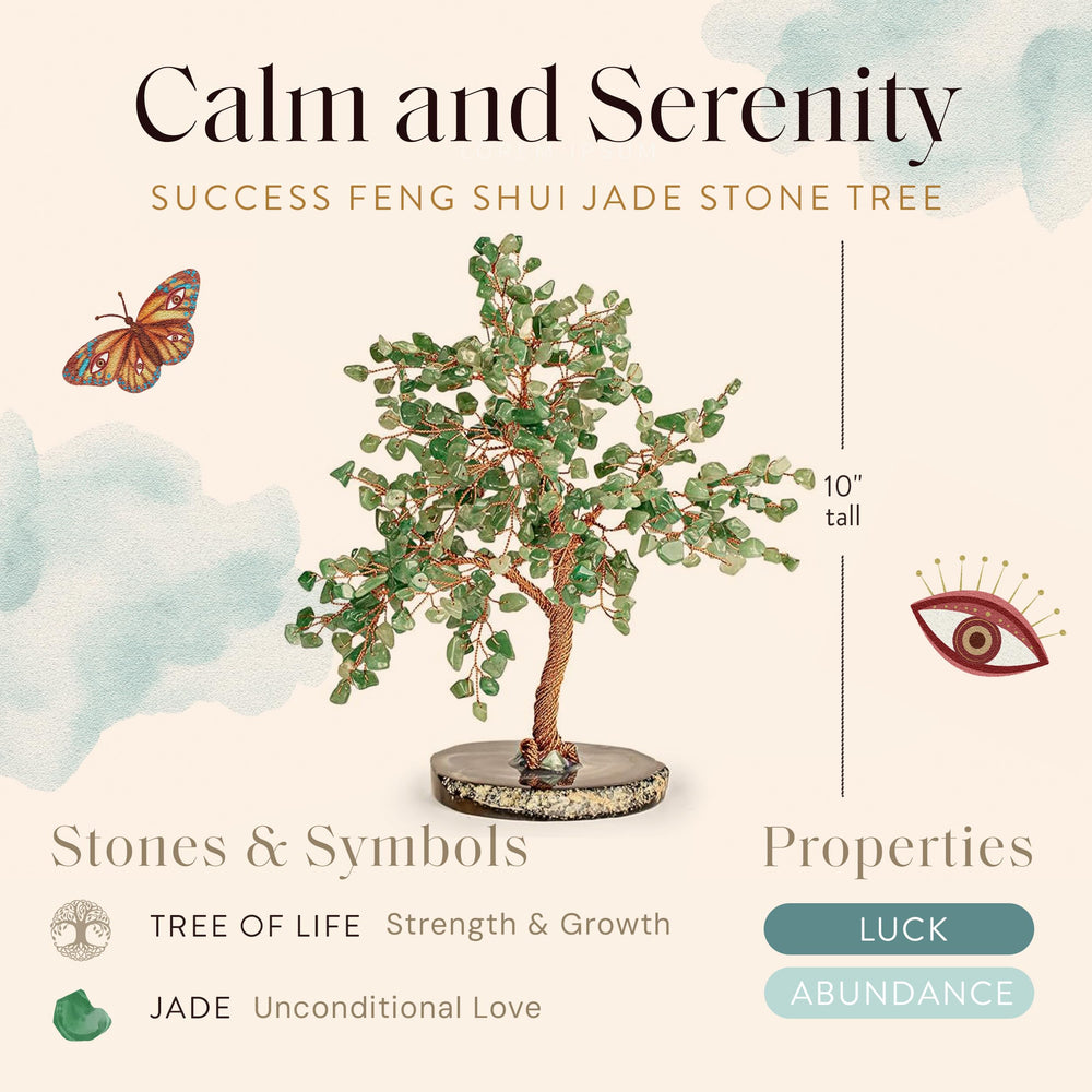 KARMA AND LUCK copper-wrapped jade tree on an agate base, a stylish prosperity focal point