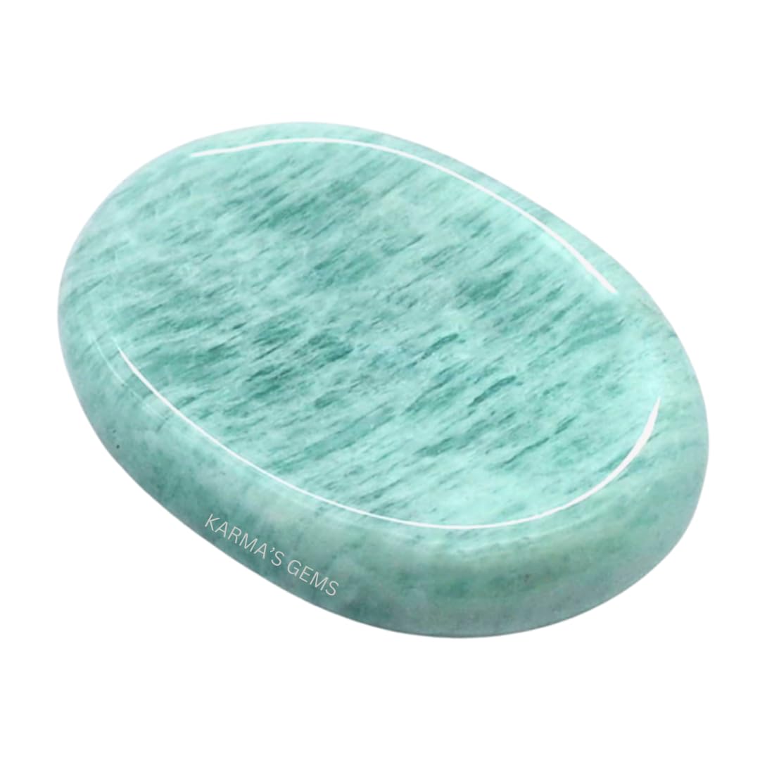 Karma Gems Amazonite worry stone held in hand for calm focus.
