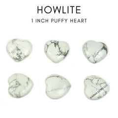 Karma Gems Howlite heart puff stone for calming energy during meditation.