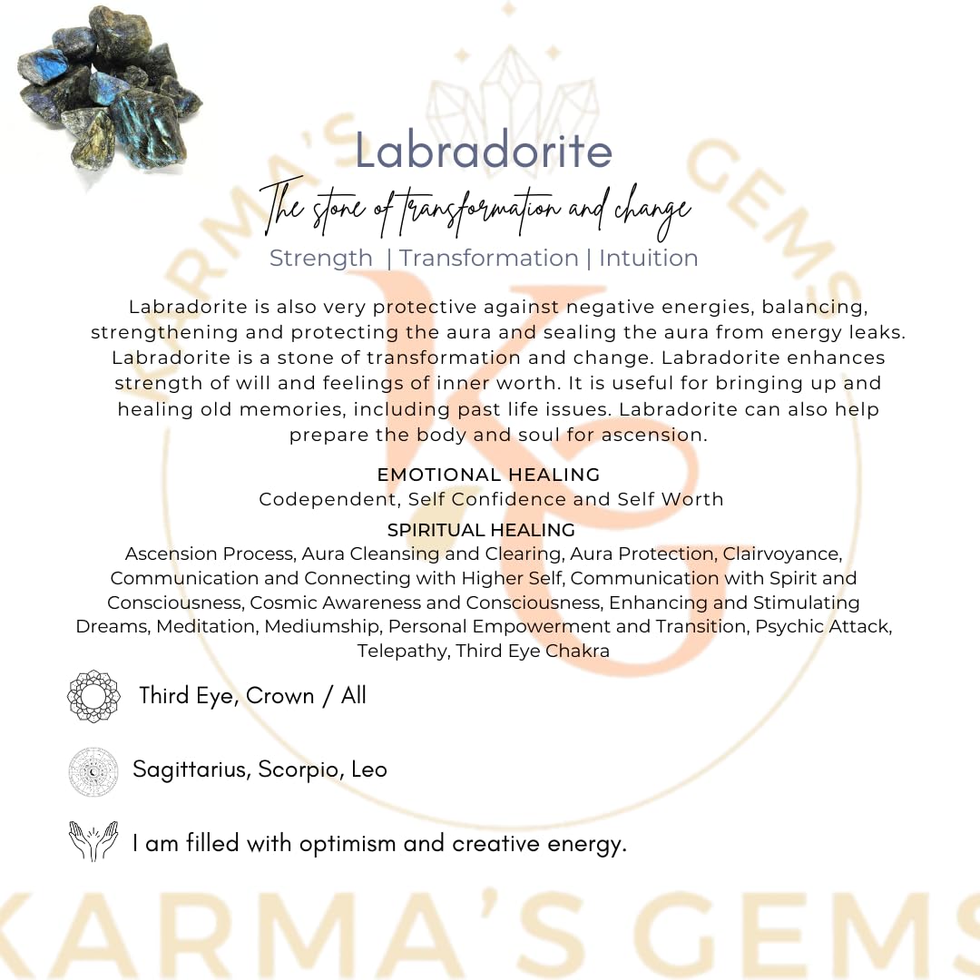 Karma Gems Labradorite displays vivid color flashes under light.