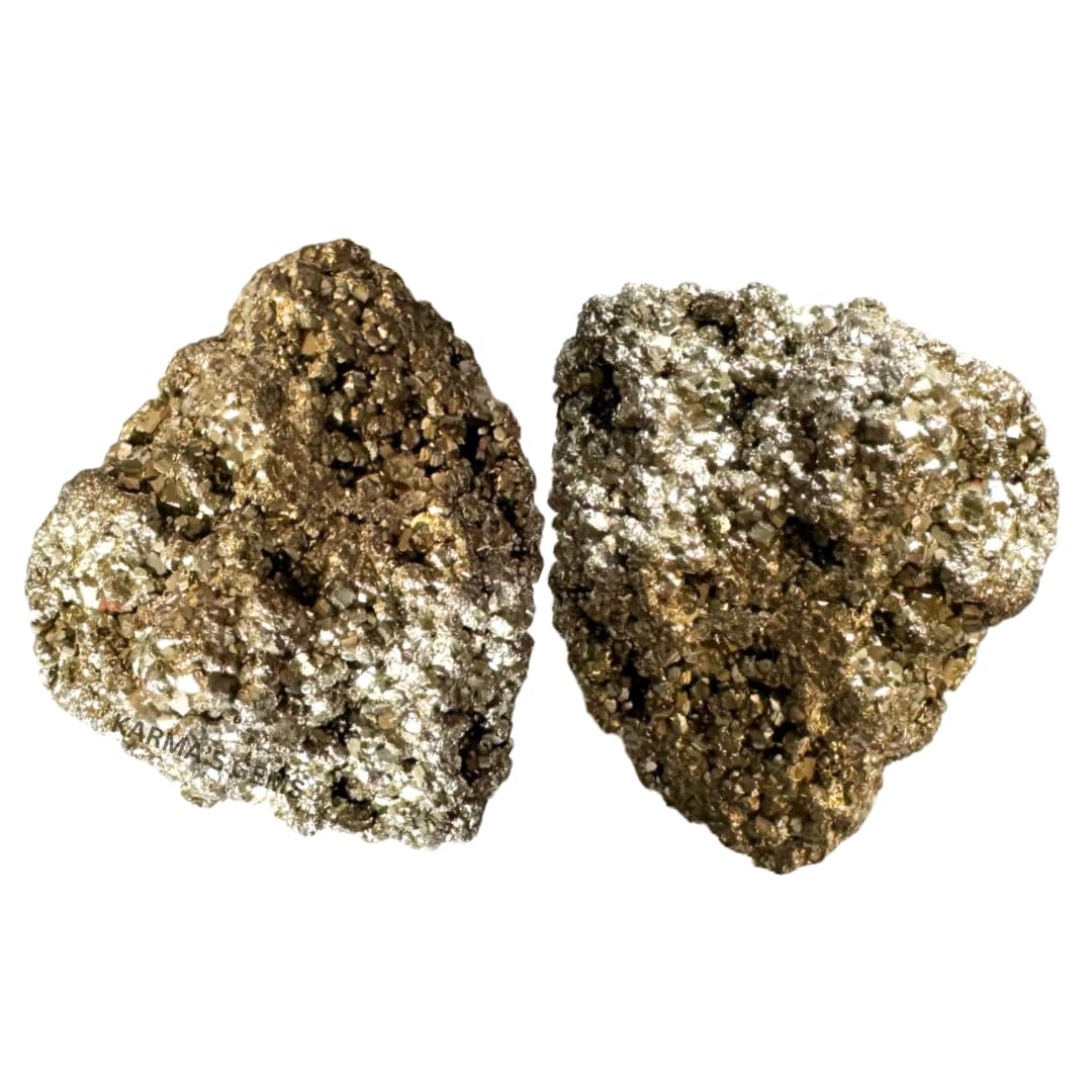 Karma Gems natural pyrite cluster pair, high-energy stones for manifesting focus.