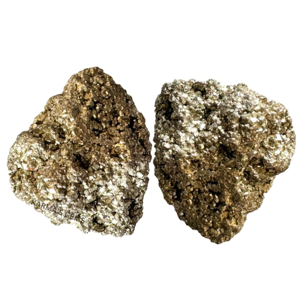 Karma Gems natural pyrite cluster pair, high-energy stones for manifesting focus.